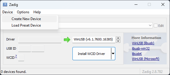 Zadig Create New Device